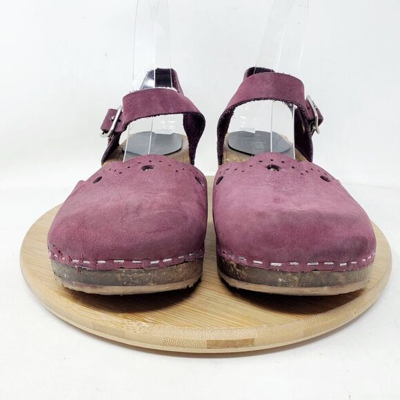 Sandgrens Milan Clogs Womens 36 Plum Nubuck Leather Scalloped Edge Straps Shoes - Picture 3 of 14